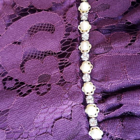 CHRISTINA WU Aubergine Purple Lace Pearl & Diamond Waist Short Formal Dress 12 - Picture 4 of 7